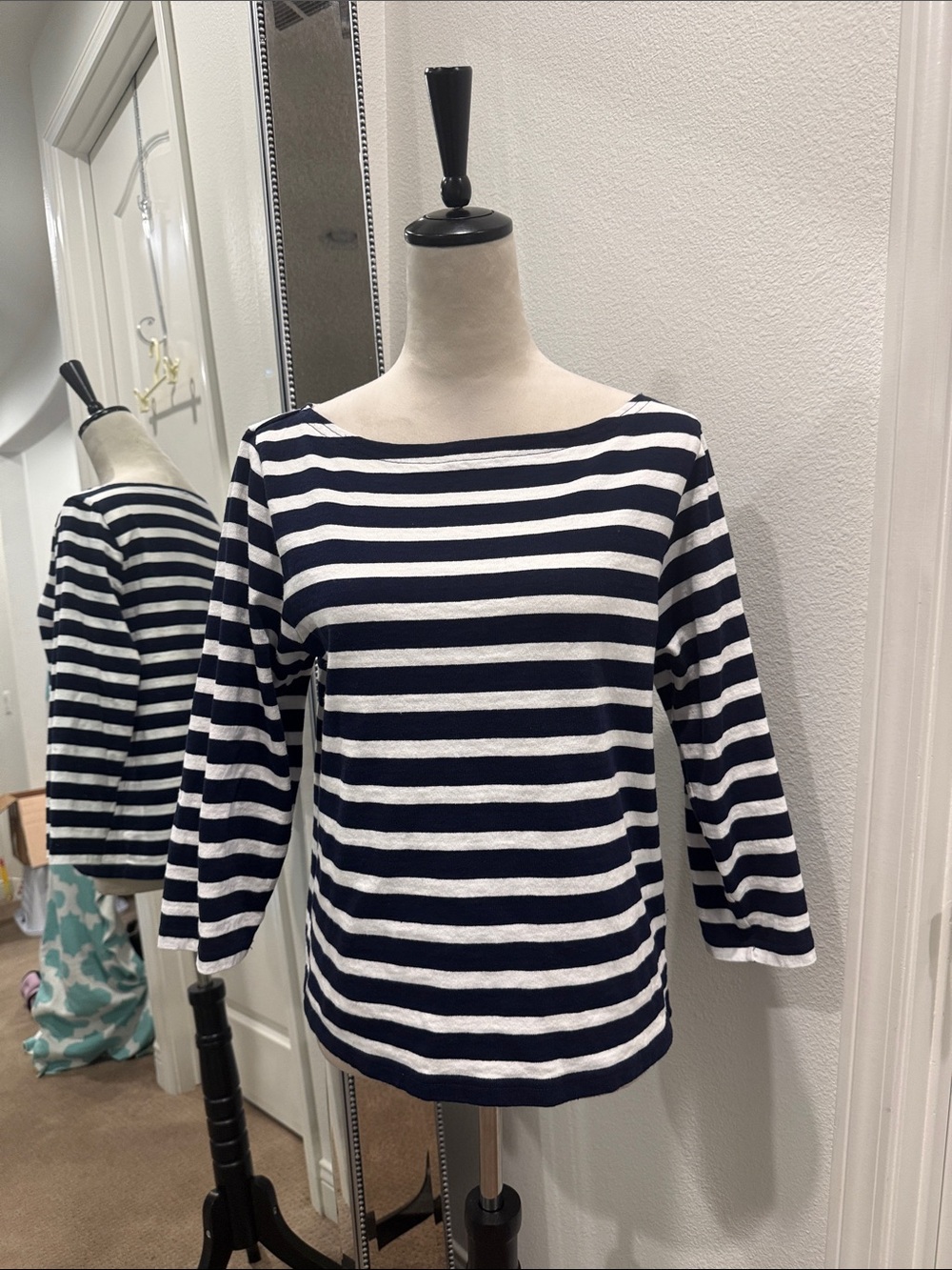 J. Crew Navy and White Striped Boatneck Long Sleeve Top